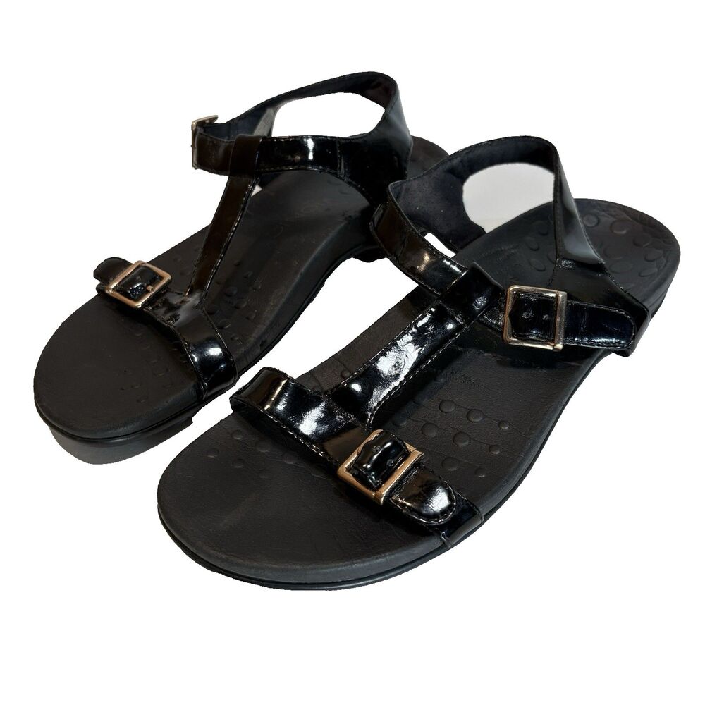 Vionic Womens Size 7 Black Patent T Strap Sandals Comfort Strappy